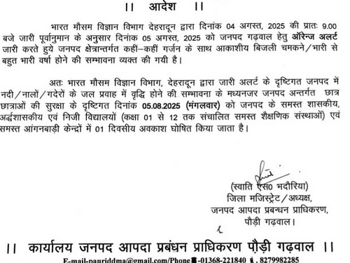 Image for पौड़ी में भारी बारिश का अलर्ट, 5 अगस्त को स्कूल और आंगनबाड़ी केंद्रों में अवकाश